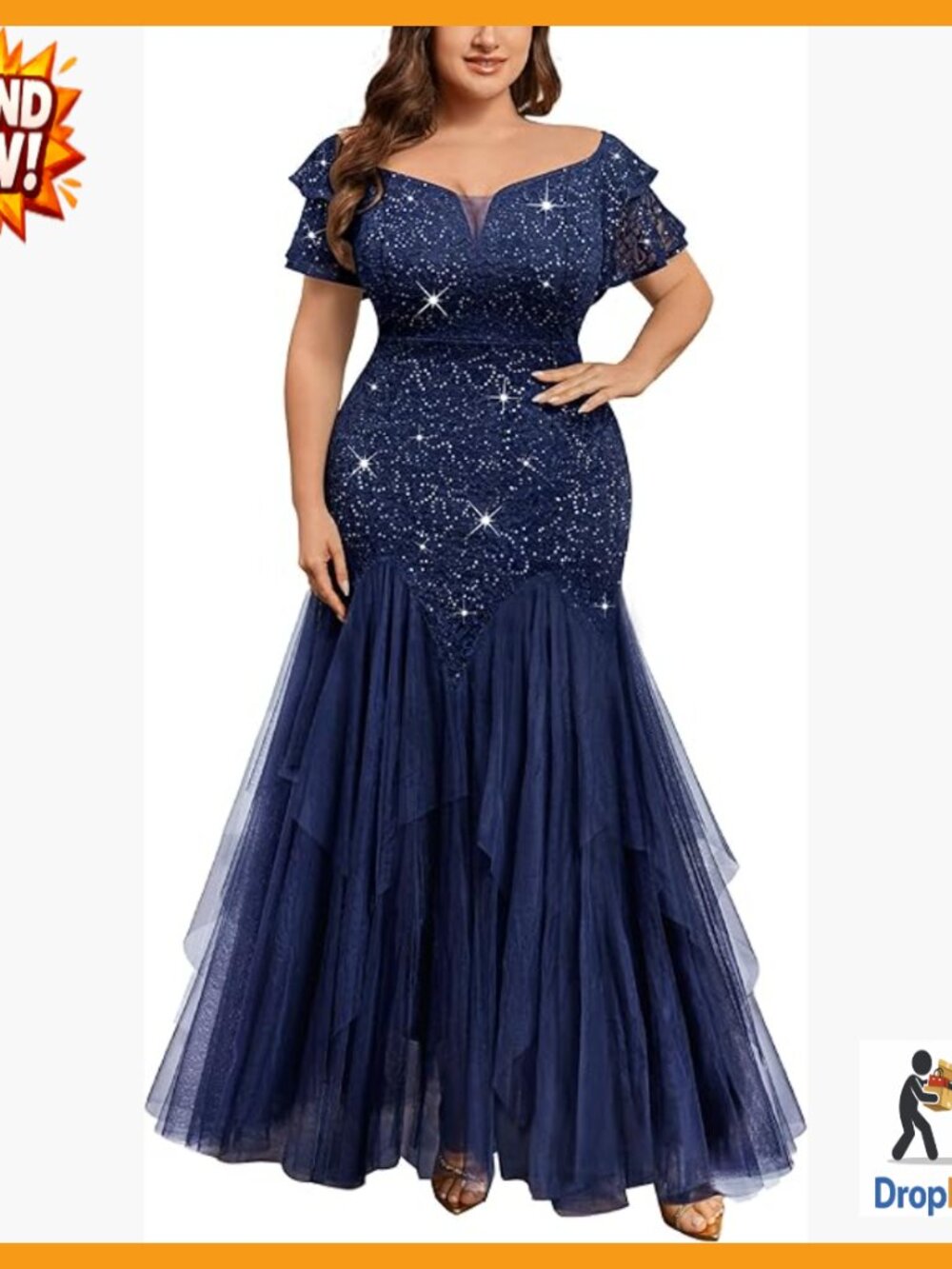 Sequin Lace Mermaid Evening Dress Off Shoulder V-Neck Formal Wedding Guest
